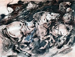Печенеги испугались и побежали. Иллюстрация к рассказу Л. Толстого «Как боролся русский богатырь». Художник В. Бескаравайный, 1980