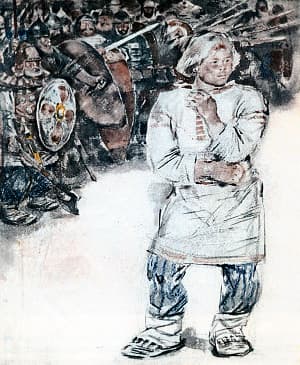 От русских вышел Иван. Он был невелик ростом и лицом бел. Иллюстрация к рассказу Л. Толстого «Как боролся русский богатырь». Художник В. Бескаравайный, 1980