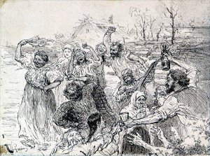 Репродукция с иллюстрации И. Е. Репина к рассказу Л. Н. Толстого «Как чертенок краюшку выкупал». Первая треть ХХ века.