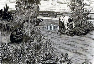 Мужик и чертёнок с краюшкой хлеба в кустах. Иллюстрация к рассказу Л. Н. Толстого «Как чертёнок краюшку выкупал». Кустодиев Борис Михайлович, 1900-е гг.