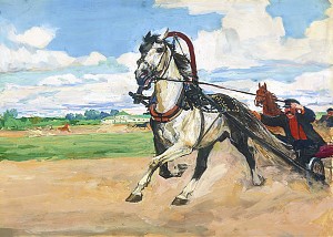 Холстомер обгоняет Лебедя. Иллюстрация А. А. Пластова к повести Л. Н. Толстого «Холстомер»