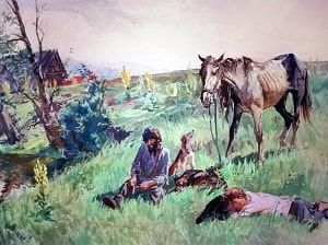 Драч, табунщик Васька и Холстомер. Иллюстрация А. А. Пластова к повести Л. Н. Толстого «Холстомер»
