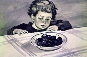 Ваня никогда не ел слив и все нюхал их. Иллюстрация Р. Былинской к рассказу Л. Н. Толстого «Косточка»