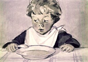 Ваня покраснел как рак, и сказал тоже: «Нет, я не ел». Иллюстрация Р. Былинской к рассказу Л. Н. Толстого «Косточка»