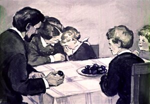 И все засмеялись, а Ваня заплакал. Иллюстрация Р. Былинской к рассказу Л. Н. Толстого «Косточка»