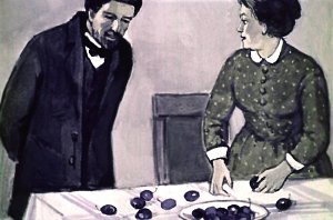 Перед обедом мать сочла сливы и видит, одной нет. Она сказала отцу. Иллюстрация Р. Былинской к рассказу Л. Н. Толстого «Косточка»