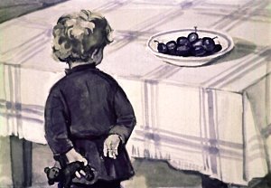 И очень они ему нравились. Очень хотелось съесть. Он все ходил мимо слив. Иллюстрация Р. Былинской к рассказу Л. Н. Толстого «Косточка»