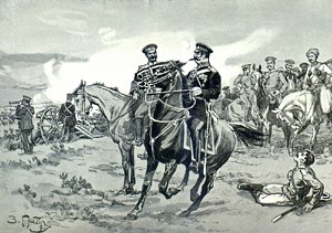 — C’est un vrrai plaisirr, que la guerre dans un aussi beau pays, — говорит он. — Et surtout en bonne compagnie, — прибавляет генерал с приятной улыбкой. Иллюстрация З. Е. Пичугина к рассказу Л. Н. Толстого «Набег»