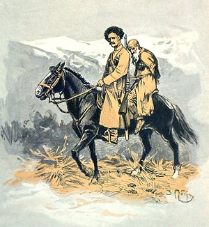 ...этот старик, без шапки, со связанными руками, трясся за седлом линейного казака... Иллюстрация З. Е. Пичугина к рассказу Л. Н. Толстого «Набег»