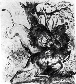 Лев и олень. Иллюстрация К. Рудакова, 1937