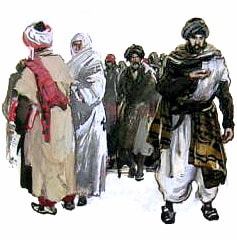 Учёный стоит с женой, мясник рассматривает монеты в руке. Иллюстрация к сказке Л. Н. Толстого «Праведный судья». Художник Ращектаев Никифор Андреевич, 1970-е гг.