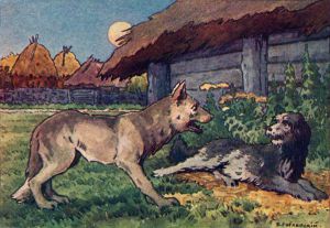 Иллюстрация П. П. Гославского к басне Л. Н. Толстого «Собака и волк»