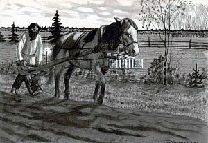 Иллюстрация Б. М. Кустодиева к рассказу Л. Н. Толстого «Свечка». Михеич пашет с горящей свечкой на сохе, 1900-ые гг.