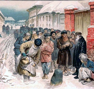 Иллюстрация к трактату Толстого «Так что же нам делать?» («Мысли, вызванные переписью») на литографии И. Д. Сытина, 1888