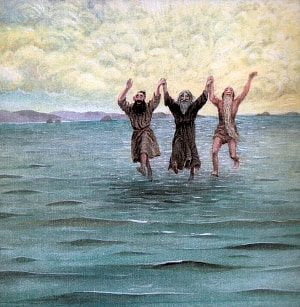 Бегут по морю старцы, белеют и блестят их седые бороды, и, как к стоячему, к кораблю приближаются. Иллюстрация к рассказу Л. Н. Толстого «Три старца». Художник Б. Диодоров, 1988