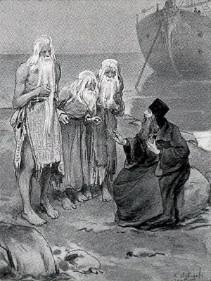 — Как же вы богу молитесь? — спросил архиерей. Иллюстрация к рассказу Л. Н. Толстого «Три старца». Художник К. Лебедев, конец ХIХ-начало ХХ века
