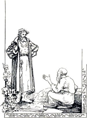 — Да ведь тебе уж отвечено, — сказал отшельник, присев на свои худые икры и снизу вверх глядя на стоявшего перед ним царя... Иллюстрация к сказке Л. Н. Толстого «Три вопроса». Художник Живаго Надежда Ивановна, конец ХIХ-начало ХХ века