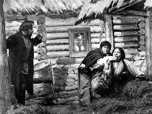 Никита. — ... не захочу — не пойду. Анисья. Не пойдешь? Народ! Э..э!! Матрена. Что ты! Очумела! Он пойдет... Никита. Да будет!.. Д. IV. Явл. XII. «Власть тьмы». Гр. Л. Толстого. МХТ, 1902 г.
