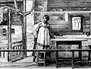 Анютка. — ... Ой, однова дыхнуть, она... Я уйду!.. Д. I. Явл. XVIII. «Власть тьмы». Гр. Л. Толстого. МХТ, 1902 г.