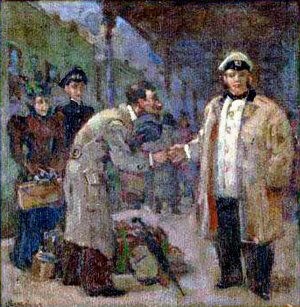 Иллюстрация к рассказу А.&nbsp;П.&nbsp;Чехова «Толстый и тонкий». Р.&nbsp;М.&nbsp;Мазель, 1950-е 