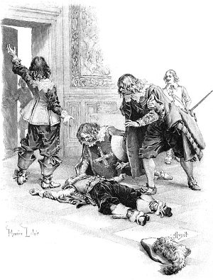 — Лекаря! — закричал г-н де Тревиль. — Моего или королевского, самого лучшего! Лекаря, или, тысяча чертей, мой храбрый Атос умрет! Иллюстрация к роману Александра Дюма «Три мушкетёра». Художник Морис Лелуар, 1894 г.