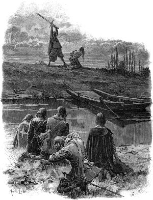 Тогда с другого берега увидели, как палач медленно поднял обе руки; в лунном свете блеснуло лезвие его широкого меча... Иллюстрация к роману Александра Дюма «Три мушкетёра». Художник Морис Лелуар, 1894 г.