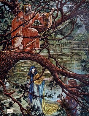 Вверху, на ветвях, жалость разобрала короля, и он тихо улыбнулся. Иллюстрация к роману Жозефа Бедье «Тристан и Изольда». Художник Морис Лалау, 1909 г.