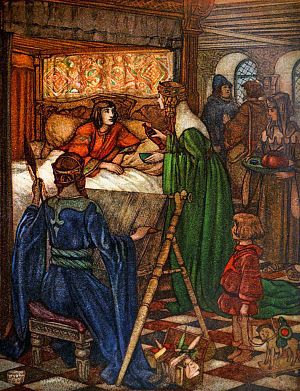 Она одна, сведущая в целебных зельях, могла спасти Тристана. Иллюстрация к роману Жозефа Бедье «Тристан и Изольда». Художник Морис Лалау, 1908 г.