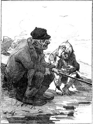 — Барин был, как следует, барин, — продолжал старик, закинув опять удочку, — и душа была тоже добрая. Побьет, бывало, тебя, — смотришь, уж и позабыл. Одно: матресок держал. Ох, уж эти матрески, прости господи! Оне-то его и разорили. И ведь всё больше из низкого сословия выбирал. Кажись, чего бы им еще? Так нет, подавай им что ни на есть самого дорогого в целой Европии! И то сказать: почему не пожить в свое удовольствие, — дело господское... да разоряться-то не след. Иллюстрация к рассказу И. С. Тургенева «Малиновая вода». Юмор И. С. Тургенева в рисунках. Премия к журналу «Осколки» за 1894 г. — С.-Петербург, Типо-Литография Р. Голике, Спасская улица, д. № 17. 1894.