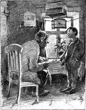 «Вася, — говорит, — скажи: Бонапартишка разбойник». — «А что дашь, тятя?» — «Что дам?.. ничего я тебе не дам... Ведь ты кто? Русский ты?» — «Я амчанин, тятя: в Амченске родился». — «О, глупая голова! да Амченск-то где?» — «А я почем знаю?» — «В России Амченск, глупый». — «Так что ж что в России?» — «Как что? Бонапартишку-то его светлейшество покойный князь Михайло Илларионович Голенищев-Кутузов Смоленский, с божиею помощью, из российских пределов выгнать изволил. По эвтому случаю и песня сочинена: Бонапарту не до пляски, растерял свои подвязки... Понимаешь: отечество освободил твое». — «А мне что за дело?». Иллюстрация к рассказу И. С. Тургенева «Татьяна Борисовна и ее племянник». Юмор И. С. Тургенева в рисунках. Премия к журналу «Осколки» за 1894 г. — С.-Петербург, Типо-Литография Р. Голике, Спасская улица, д. № 17. 1894.