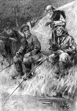 В. Комаров. Туман, Степушка, Влас и рассказчик у реки. Иллюстрация к рассказу И. С. Тургенева «Малиновая вода» из цикла «Записки охотника». Начало ХХ в.