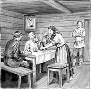 За столом в избе Хоря. Иллюстрация к рассказу И. С. Тургенева «Хорь и Калиныч» из сборника рассказов «Записки охотника». Турлыгин Яков Прокопьевич, 1900-е