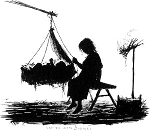 Улита, дочь Бирюка. Иллюстрации к рассказу «Бирюк» из книги «Типы из «Записок охотника» И. С. Тургенева в силуэтах». Бём Елизавета Меркурьевна, 1883 г.