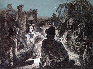 Биографическая иллюстрация. Пушкин Александр Сергеевич (1799-1837). «В цыганском таборе». Бондаренко Григорий Антонович, 1937