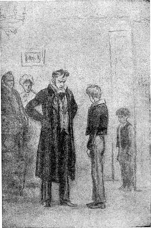 Отец, как только я вошел, налетел на меня... Иллюстрация к повести И. С. Тургенева «Часы». Художник И. Астапов, 1948 г.
