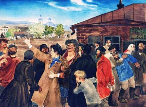 Нежданов ведёт пропаганду. Иллюстрация к роману И. С. Тургенева «Новь». Художник Строев Пётр Феонович, 1933 г.