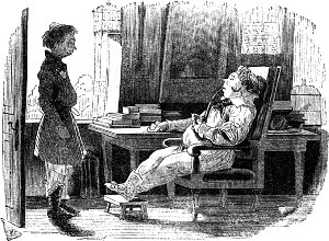 «Эй — Васька!.. Васька! Васька! Васька!!!» Явился Васька. «Тарантас вели мне заложить». — «Сейчас». Иллюстрация к поэме И. С. Тургенева «Помещик». Художник А. Агин, гравировал на дереве Е. Бернадский, 1846 г.