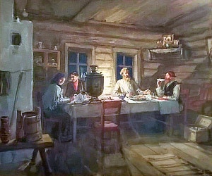 Наум и купец у Акима на постоялом дворе. Иллюстрация к рассказу И. С. Тургенева «Постоялый двор». Бойм Соломон Самсонович, 1955