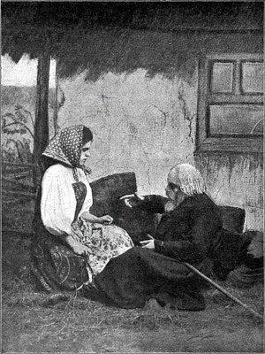 Софья Владимировна и юродивый. Иллюстрация к произведению И. С. Тургенева «Странная история». Альбом иллюстраций, исполненных по фотографическим композициям, к собранию сочинений Ивана Сергеевича Тургенева. — Санкт-Петербург: Н. Ф. Мертц, 1898.