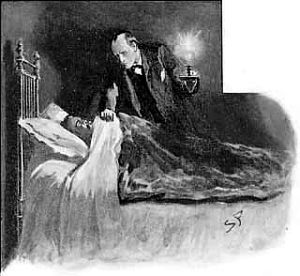 — Вставайте, Уотсон, вставайте! — говорил он. — Игра началась. Ни слова. Одевайтесь, и едем! Иллюстрация к рассказу Артура Конан Дойла «Убийство в Эбби-Грейндж». Художник Сидни Пэджет, 1904
