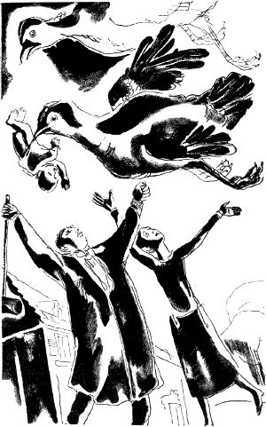 Он со всего размаха бросил в курицу молотком. Иллюстрация к роману Герберта Уэллса «Пища богов». Изд-во «Земля и фабрика», 1930 г.