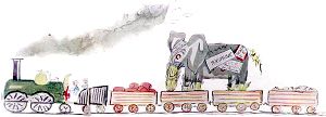 Слона тщательно упаковали (видишь, как ему обмотали ноги, хобот и хвост соломой) и отправили большой скоростью по Юго-Восточной железной дороге. Иллюстрация к рассказу Герберта Уэллса «Приключения Томми». Художник Герберт Уэллс