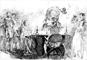 Акт IV. Сцена 1. Петруччо сбрасывает блюда с мясом и посуду на пол. Иллюстрация к пьесе Шекспира «Укрощение строптивой». Художник Эдвин Остин Эбби, 1896 г.