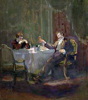 Встреча князя и Вани в ресторане. Иллюстрация к роману Ф. М. Достоевского «Униженные и оскорбленные». Художники Ройтер Михаил Григорьевич и Снаткин Сергей Андреевич, 1955 г.