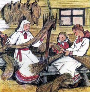 Вытрепавши, стали лён чесать железным гребнем, пока не сделался мягким и шелковистым. Иллюстрация к рассказу К. Д. Ушинского «Как рубашка в поле выросла». Художник Т. Шеварева, 1986