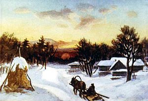 — Ну, постой же, — думает зима, — дойму я людей, и шлёт мороз за морозом, один другого злее. Иллюстрация к рассказу К. Д. Ушинского «Проказы старухи-зимы». Художник С. Кравченко, 1988