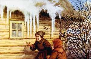 Видит зима, что ничем ей не взять, заплакала со злости. Со стрех зимние слёзы закапали… видно, весна недалёко! Иллюстрация к рассказу К. Д. Ушинского «Проказы старухи-зимы». Художник С. Кравченко, 1988
