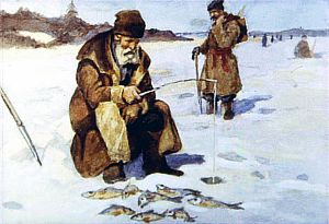 А рыба вся вглубь ушла: под ледяной кровлей ей ещё теплее. Иллюстрация к рассказу К. Д. Ушинского «Проказы старухи-зимы». Художник С. Кравченко, 1988