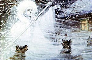 Морозцы бойко бегут, молотками громко постукивают: без клиньев, без подклинков по озёрам, по рекам мосты строят. Иллюстрация к рассказу К. Д. Ушинского «Проказы старухи-зимы». Художник С. Кравченко, 1988