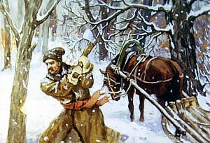 ...да как примется топором махать, даже пот прошибёт. Иллюстрация к рассказу К. Д. Ушинского «Проказы старухи-зимы». Художник С. Кравченко, 1988